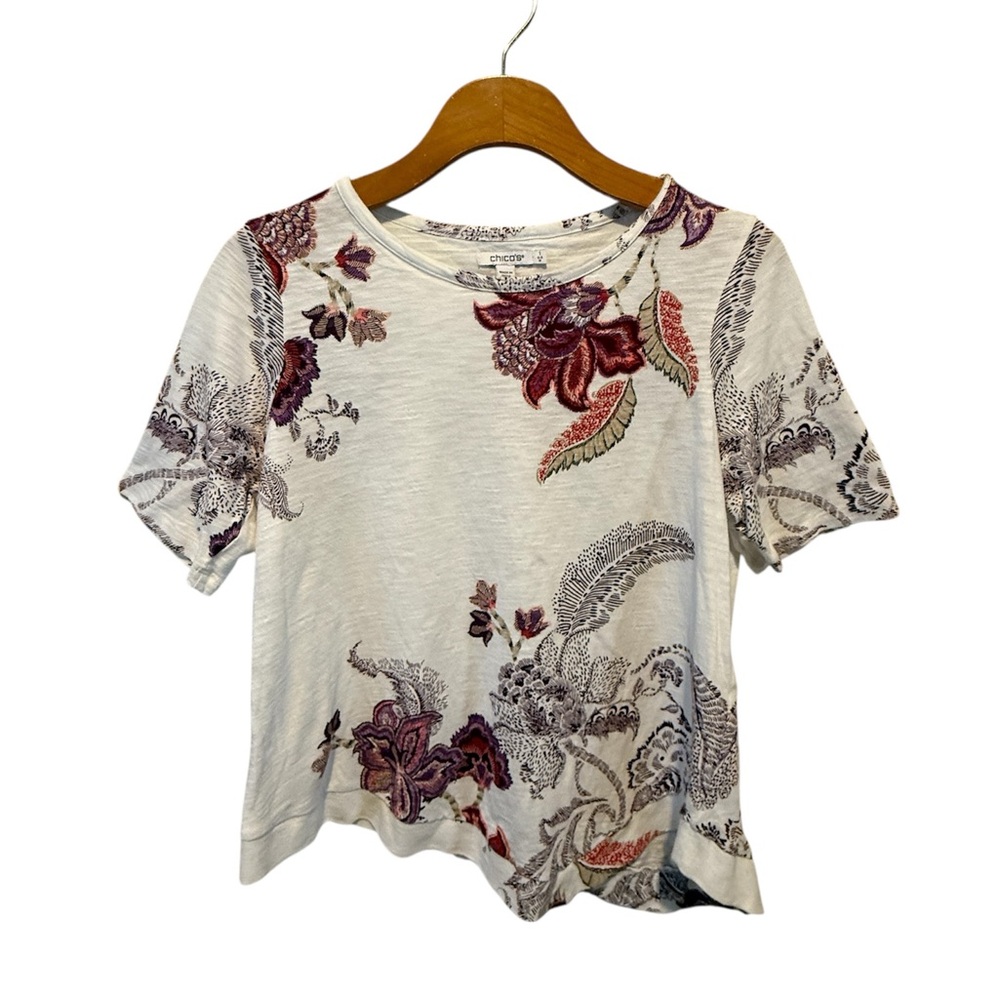Chico's Cream Short Sleeve Tee with Plum & Mauve Floral Print